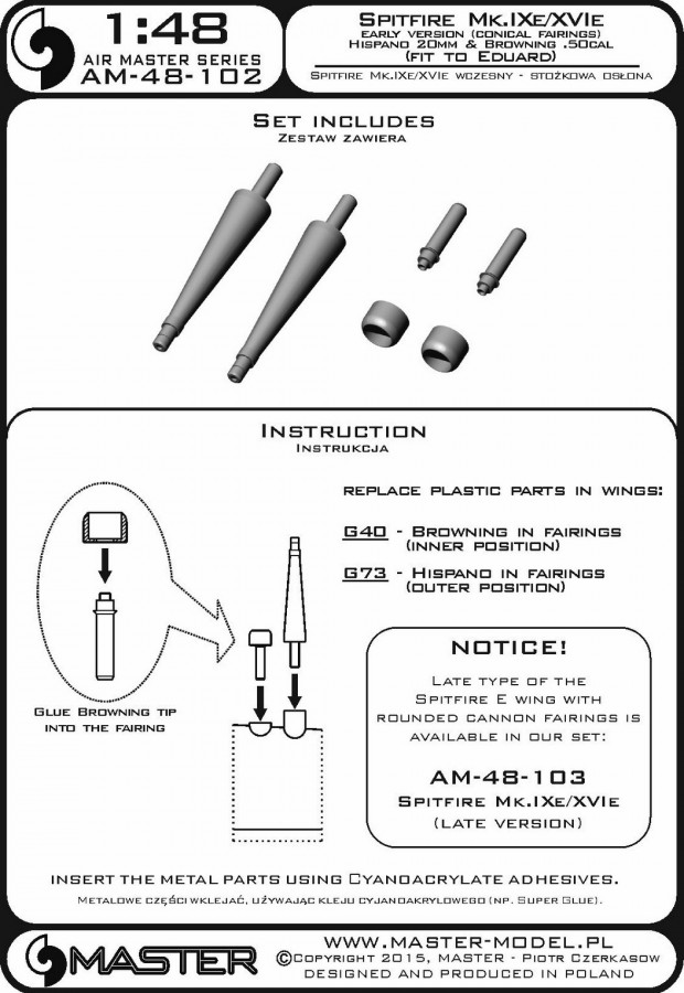 AM-48-102 Набор вооружения для ранних модификаций Spitfire Mk.Ixe/XVIe, пушки Hispano 20мм и Browning 12,7мм