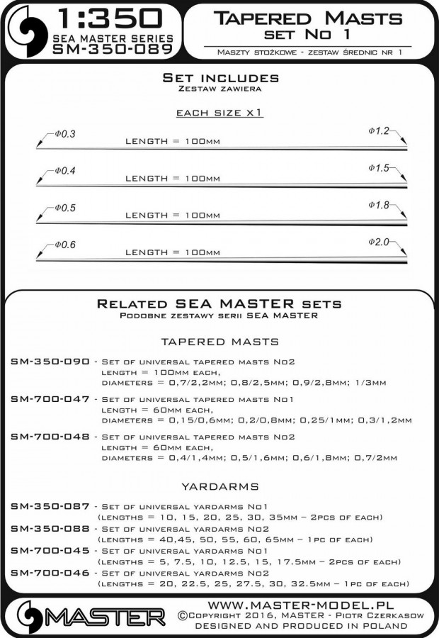 SM-350-089 Комплект универсальных конических мачт No1 (длина по 100мм, диаметры = 0,3 / 1,2мм; 0,4 / 1,5мм; 0,5 / 1,8мм; 0,6 / 2мм)