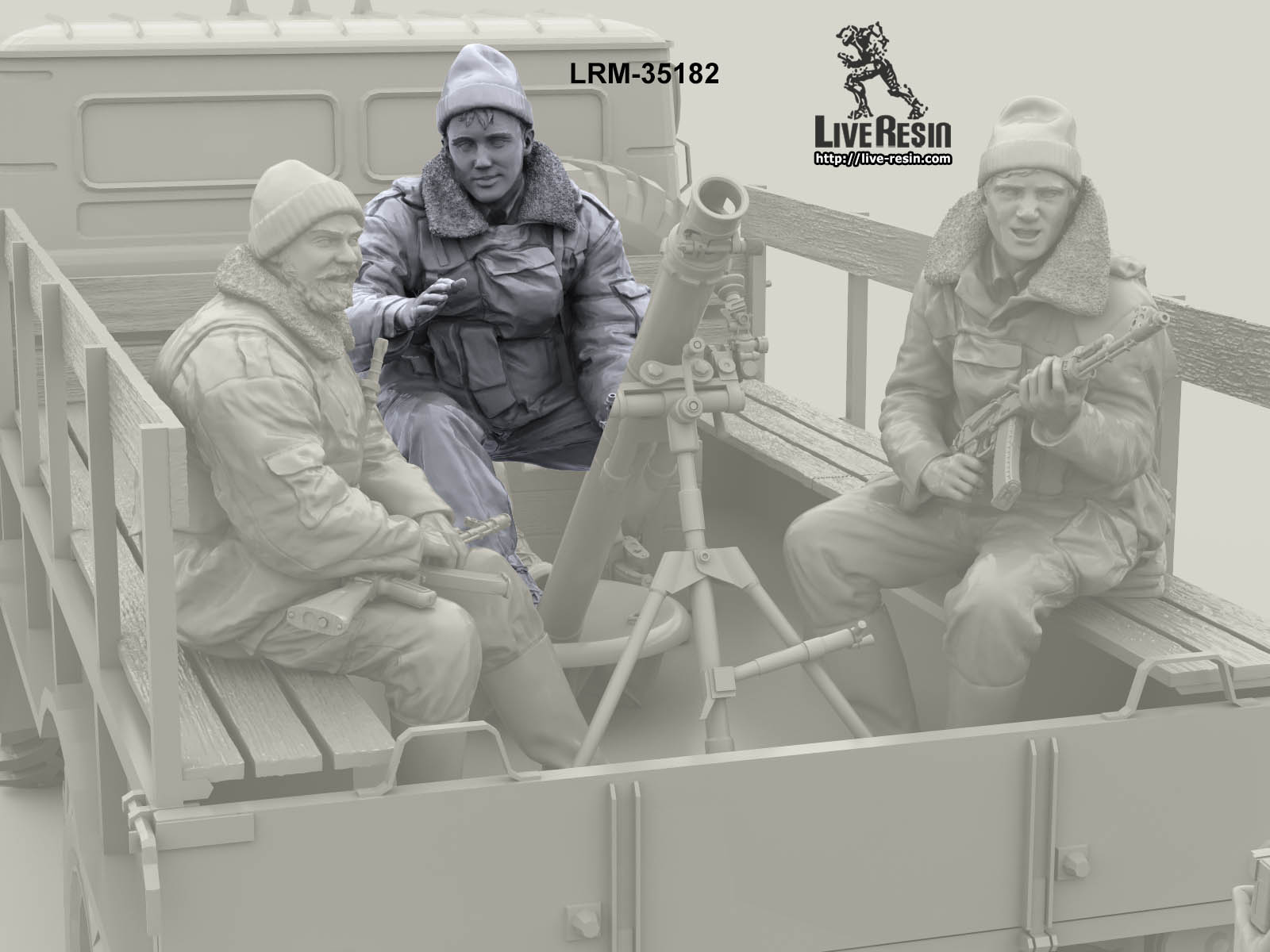 LRM35182 Военнослужащие ВВ, расчет 82 мм миномета и радист в кузове грузовика, позируют фотографу КОМАНДИР - 3 Live Resin