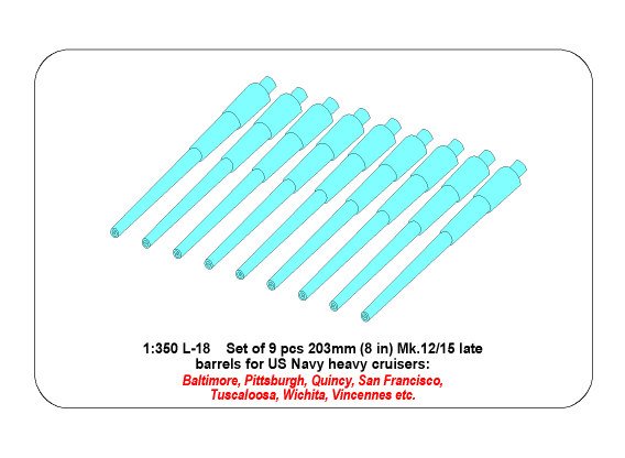 ABR-1:350-L-18  Дополнения для  Set of 9 pcs 203 mm barrels for USN ships : San Francisco, Tuscaloosa type для  1/350