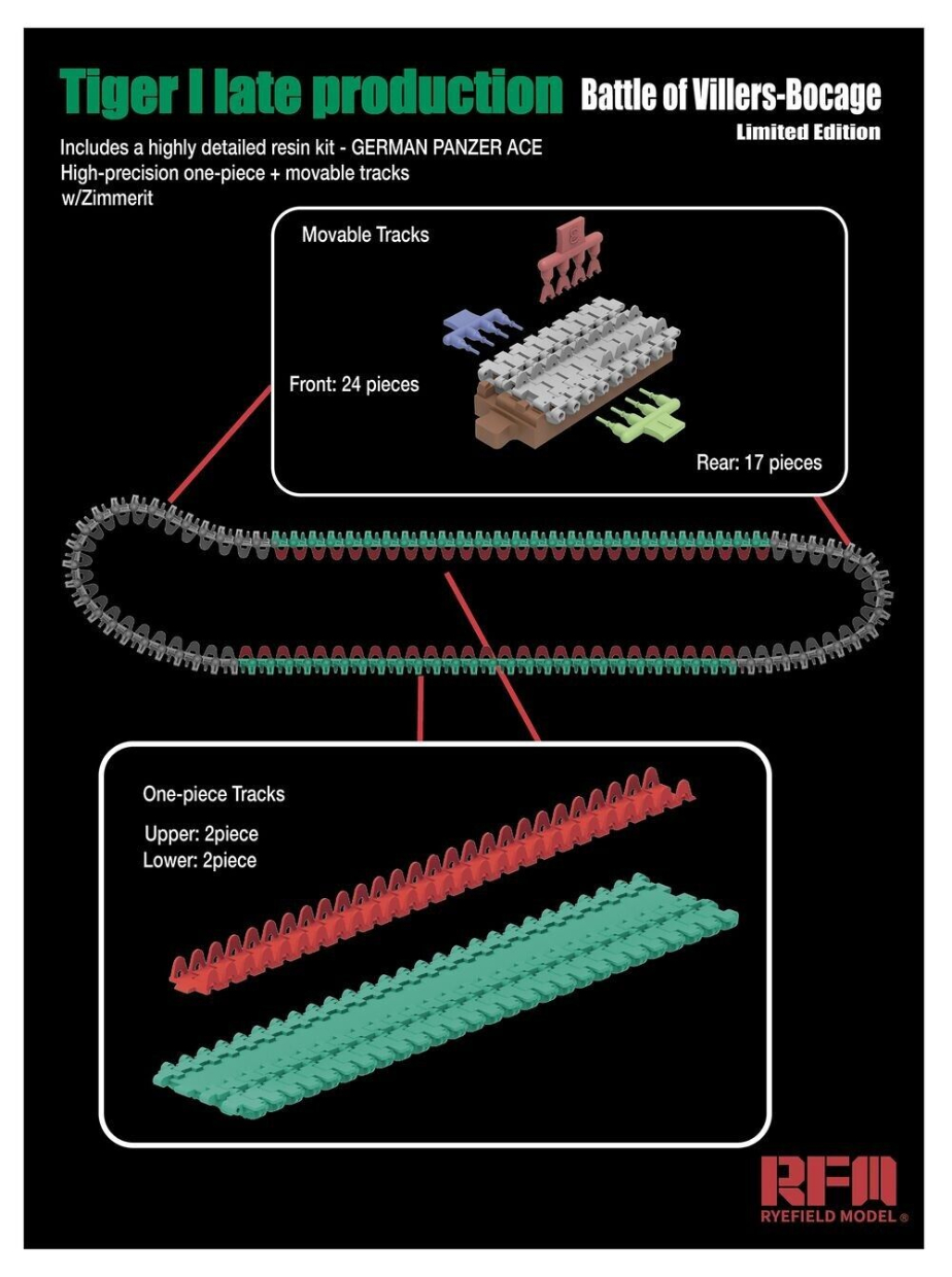 RM-5101 Сборная модель 'Tiger I late production (Battle of Villers-Bocage) w/Zimmerit, Includes a highly detailed resin kit - GERMAN PANZER ACE' Rye Field Model (RFM)
